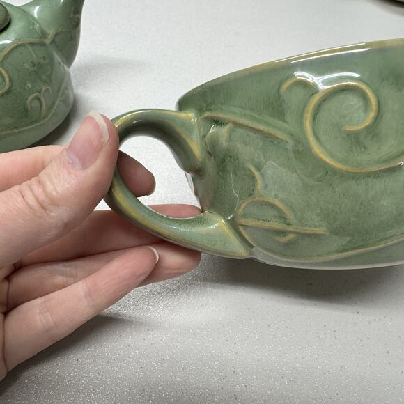 Pier 1 Tea One 3 Pc. Stoneware Teapot & Cup Set Raised Design Sage Green. - Picture 4 of 7